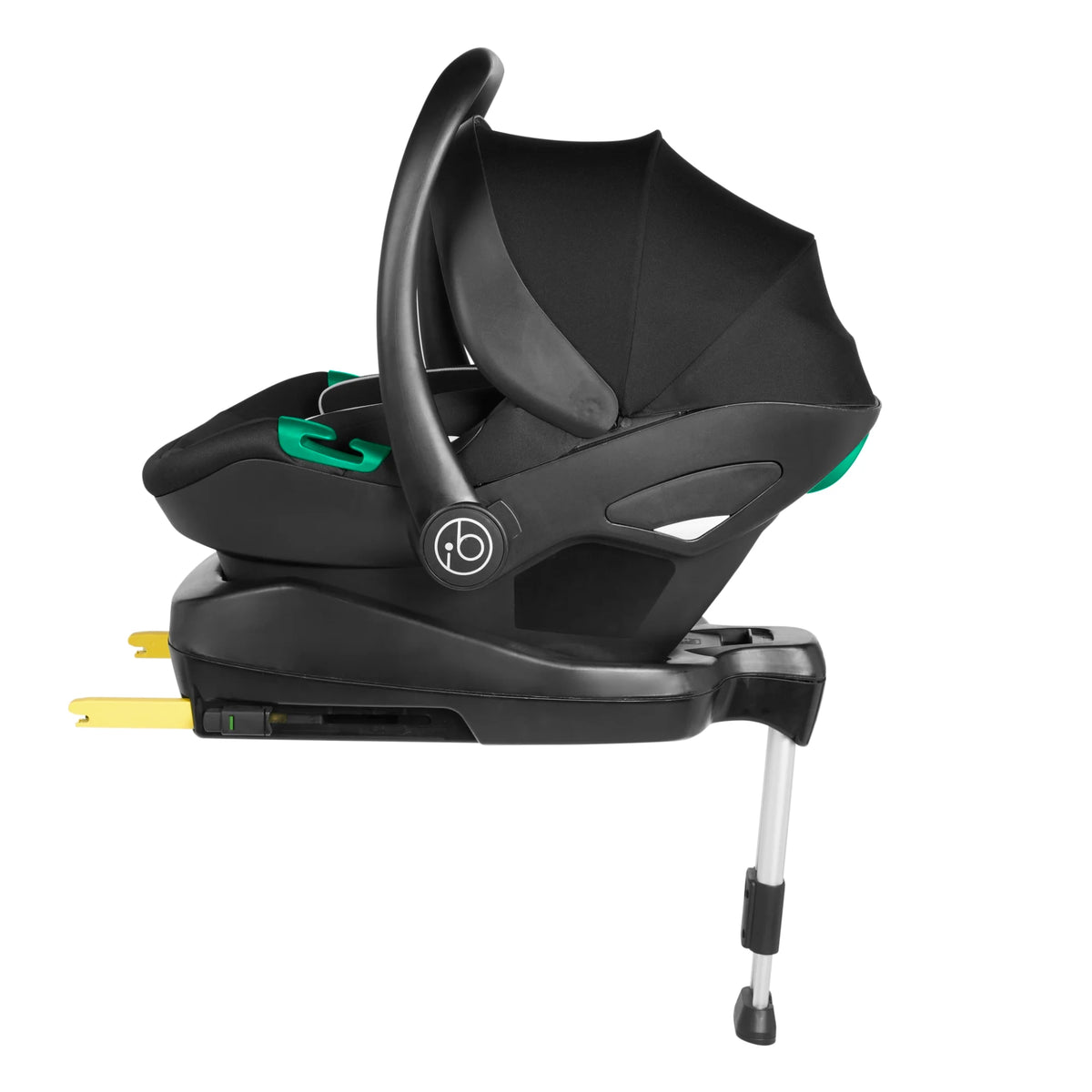 Three-quarter angle of Ickle Bubba Stratus i-Size black car seat with UPF50+ hood extended