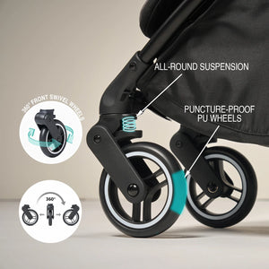 Close-up of a stroller wheel with features highlighted on a beige background