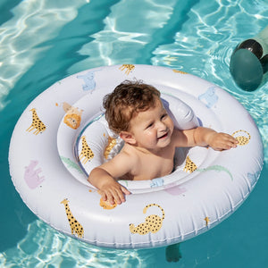 Infant pool float with beige leopard print and a secure seat.