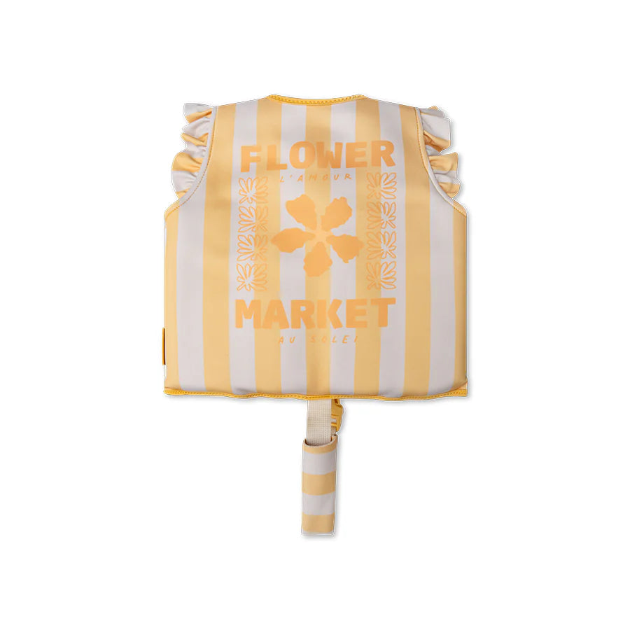 Yellow Swim Essentials swim vest featuring a vibrant flower market print on a white background.