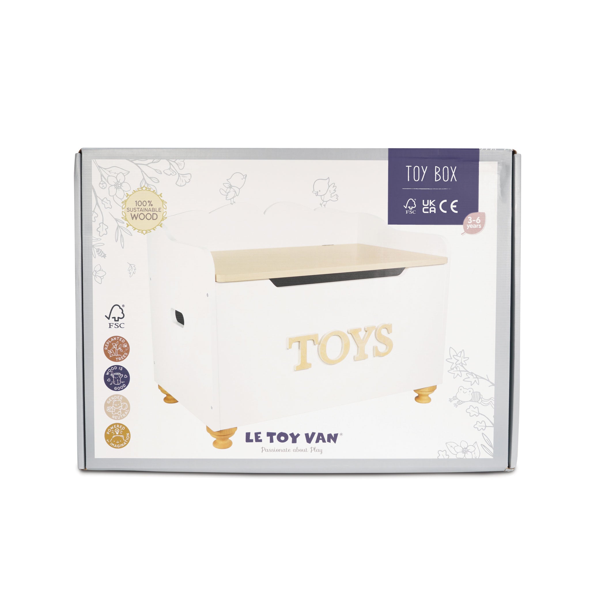 Le Toy Van toy box packaging with a white duck illustration on a white background