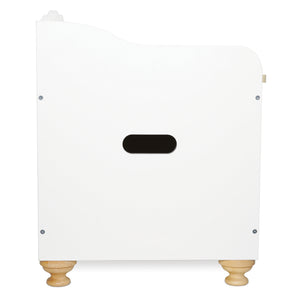White storage box with wooden feet on a white background