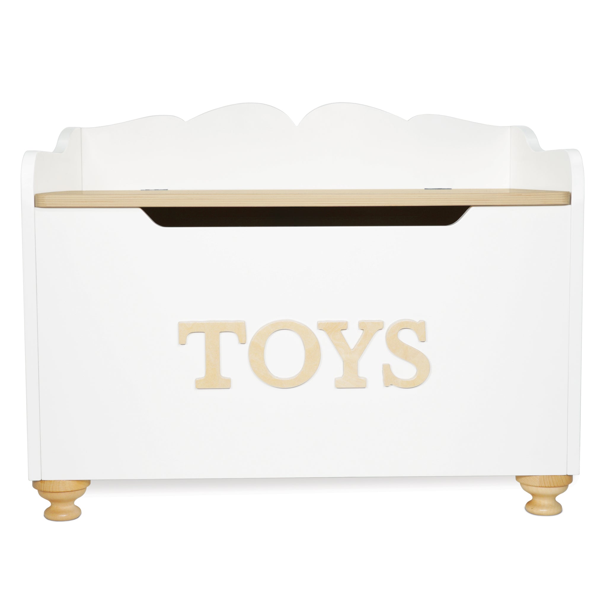 White toy box with 'TOYS' written on it, wooden top and feet.