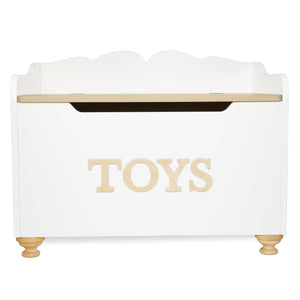 White toy box with 'TOYS' written on it, wooden top and feet.