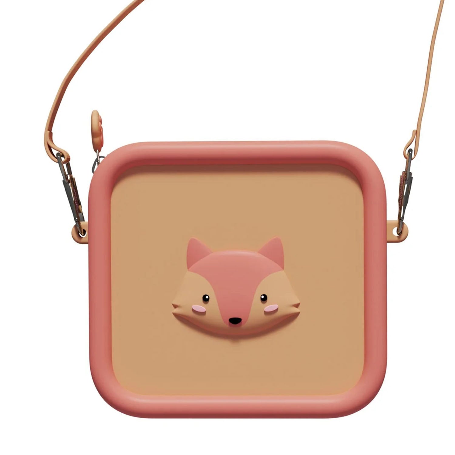 Square-shaped pink bag with a fox design on a beige background