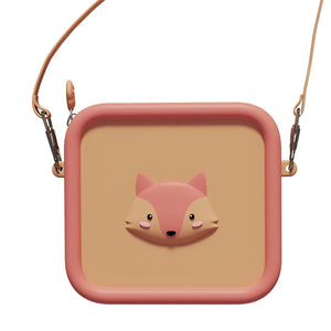 Square-shaped pink bag with a fox design on a beige background