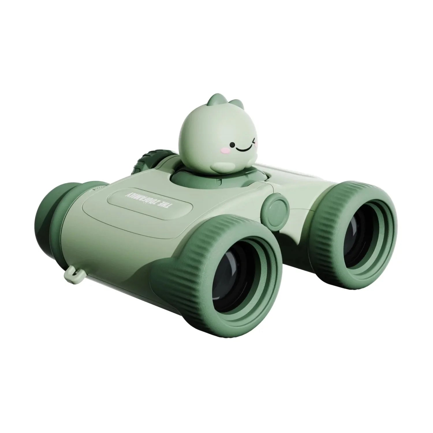 Green binoculars with a cartoon character on a white background