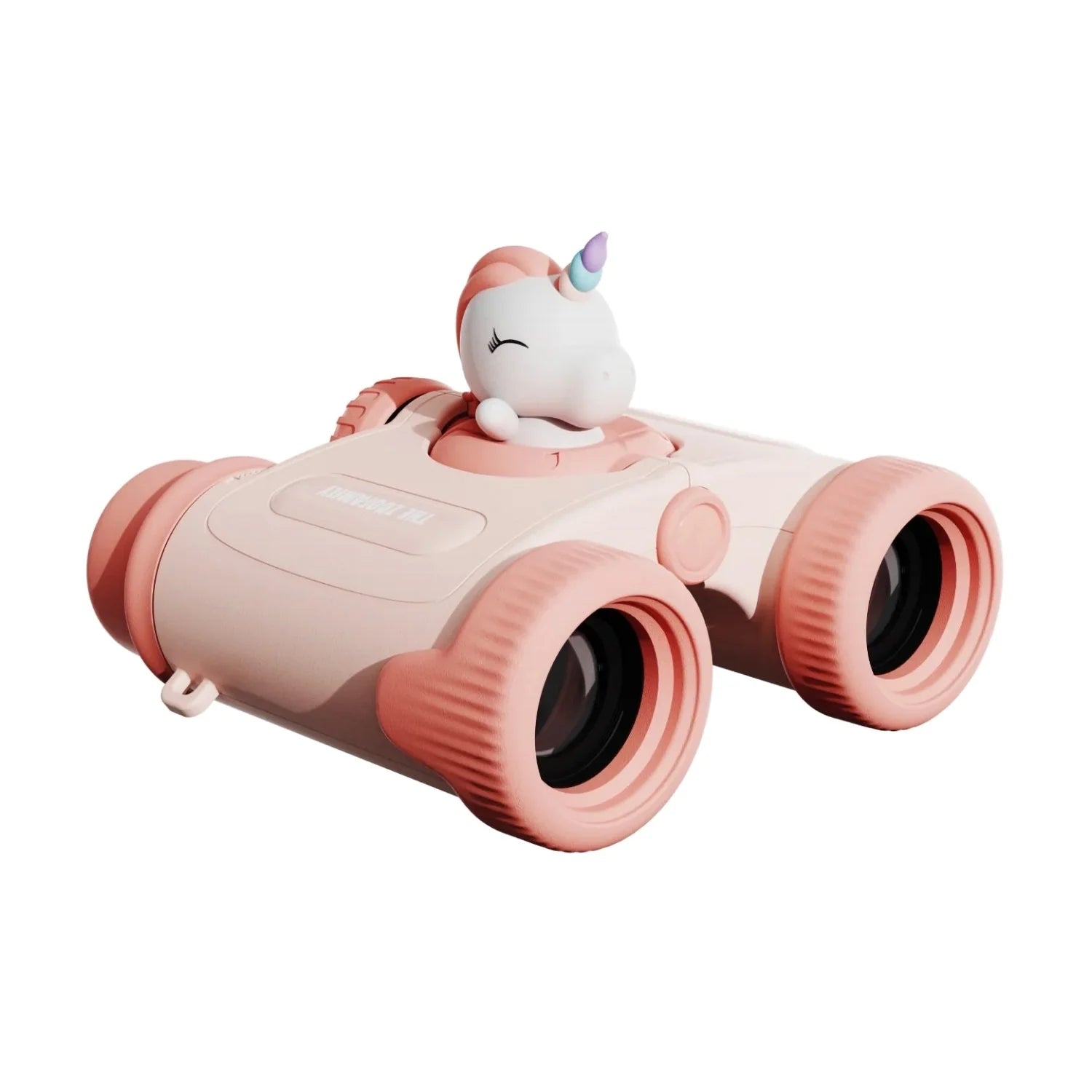 Pink binoculars with a unicorn toy on top against a white background