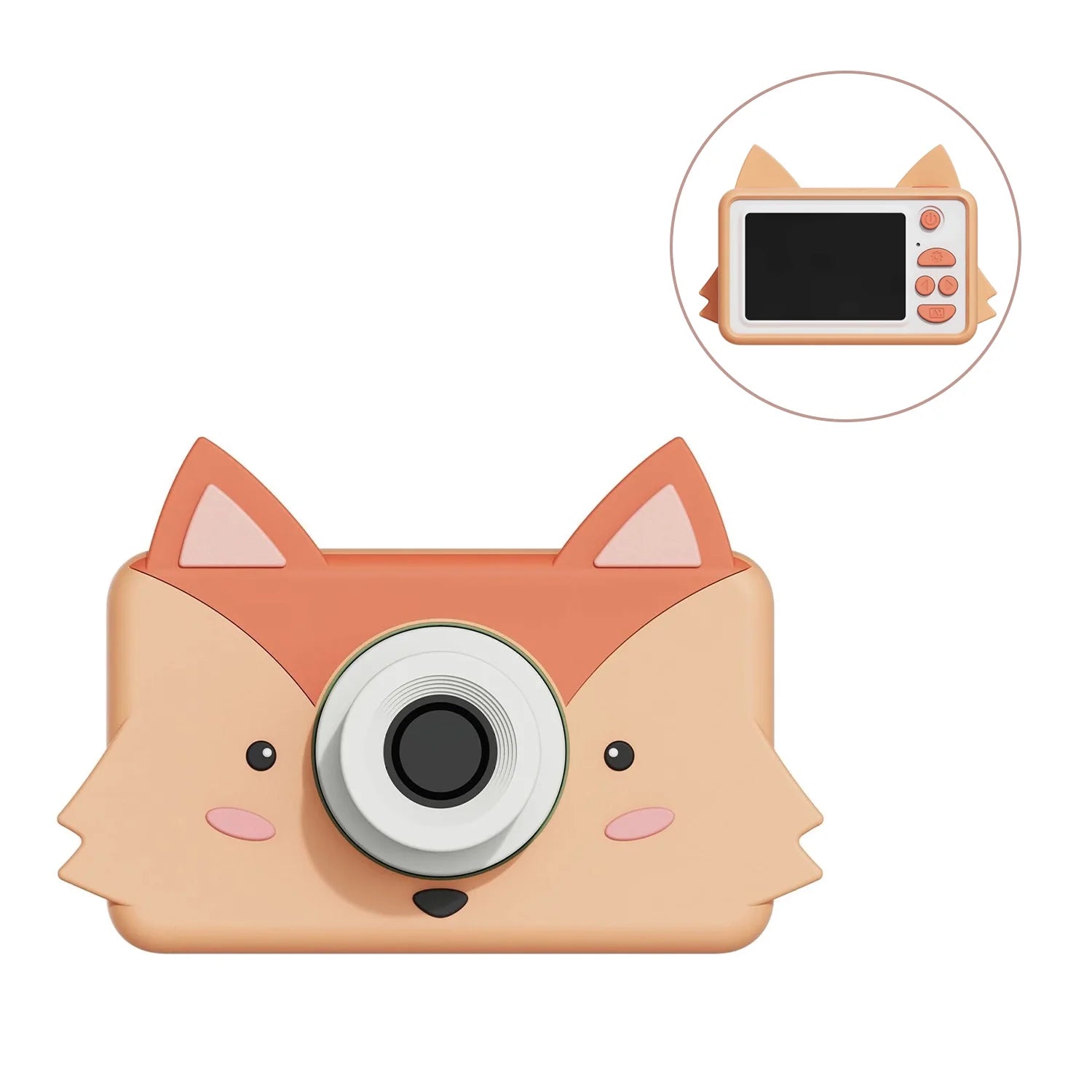 Zoofamily Cute camera shaped like a fox face with a small inset showing the camera screen.