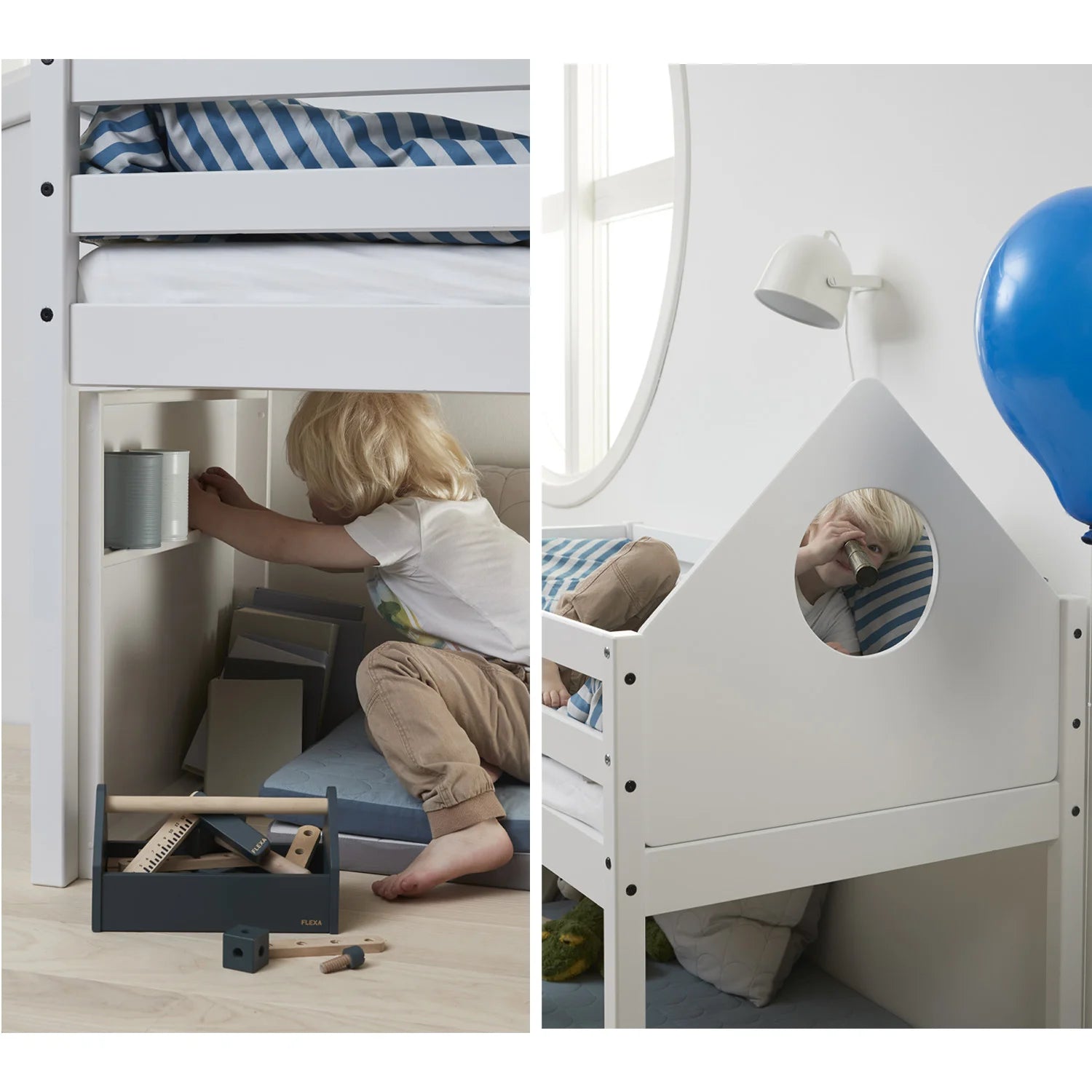 Thuka Alfred Sailor mid sleeper with blackboard has a narrow shelf under the bed and triangular-shaped headboard.