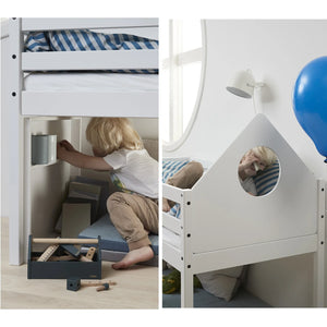 Thuka Alfred Sailor mid sleeper with blackboard has a narrow shelf under the bed and triangular-shaped headboard.