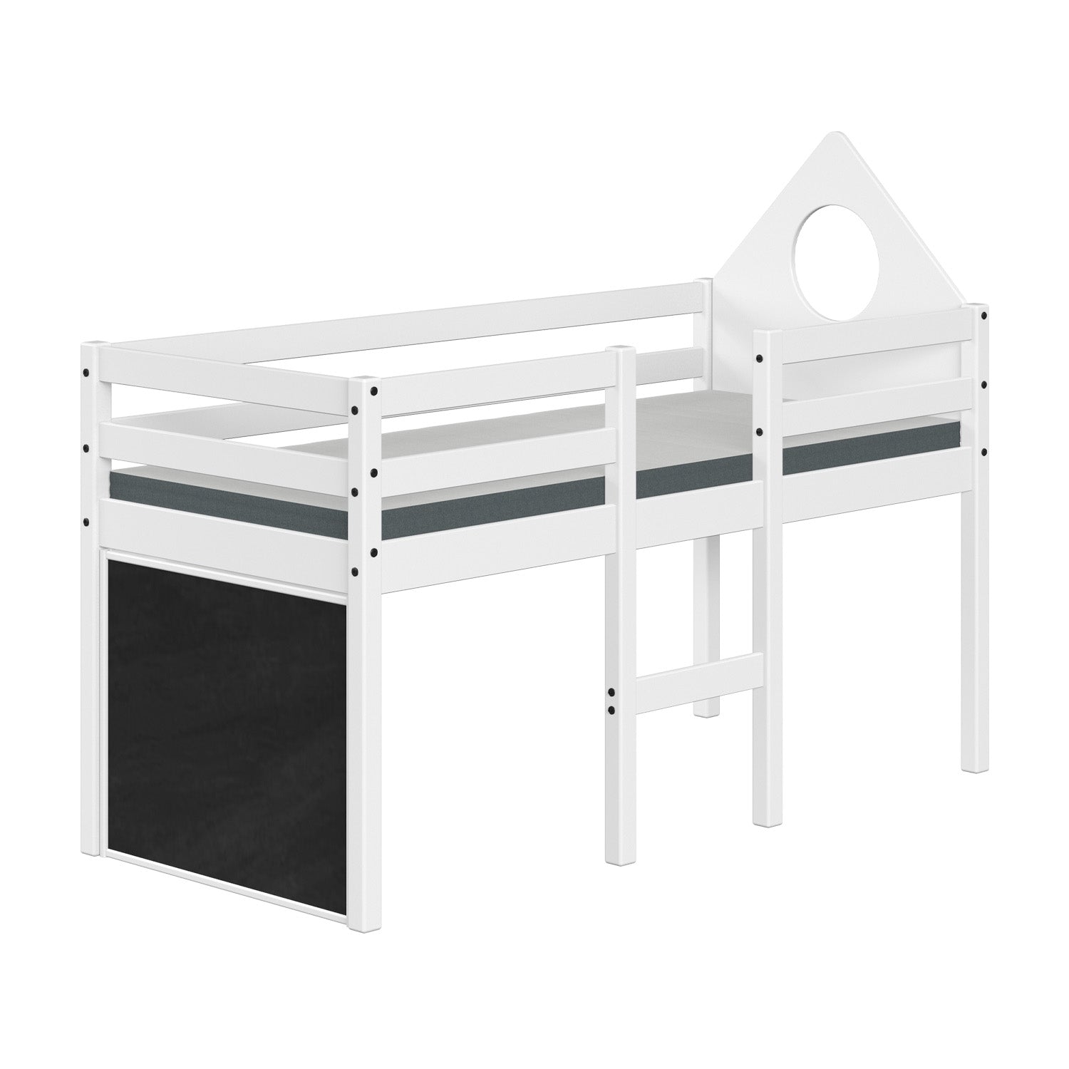 The mid sleeper bed features a blackboard and ladder positioned in the centre of the bed.