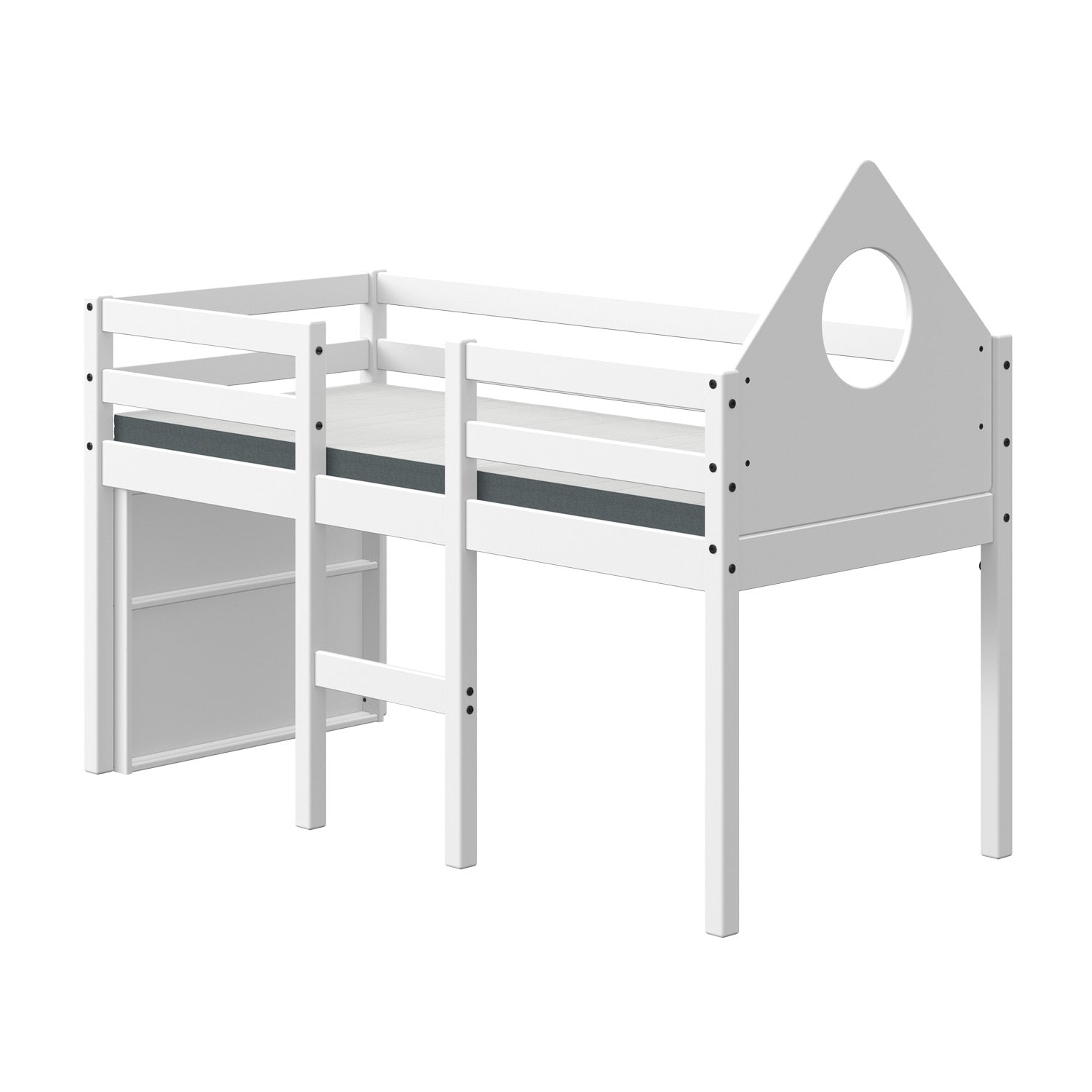 The mid sleeper bed features triangular-shaped headboard.