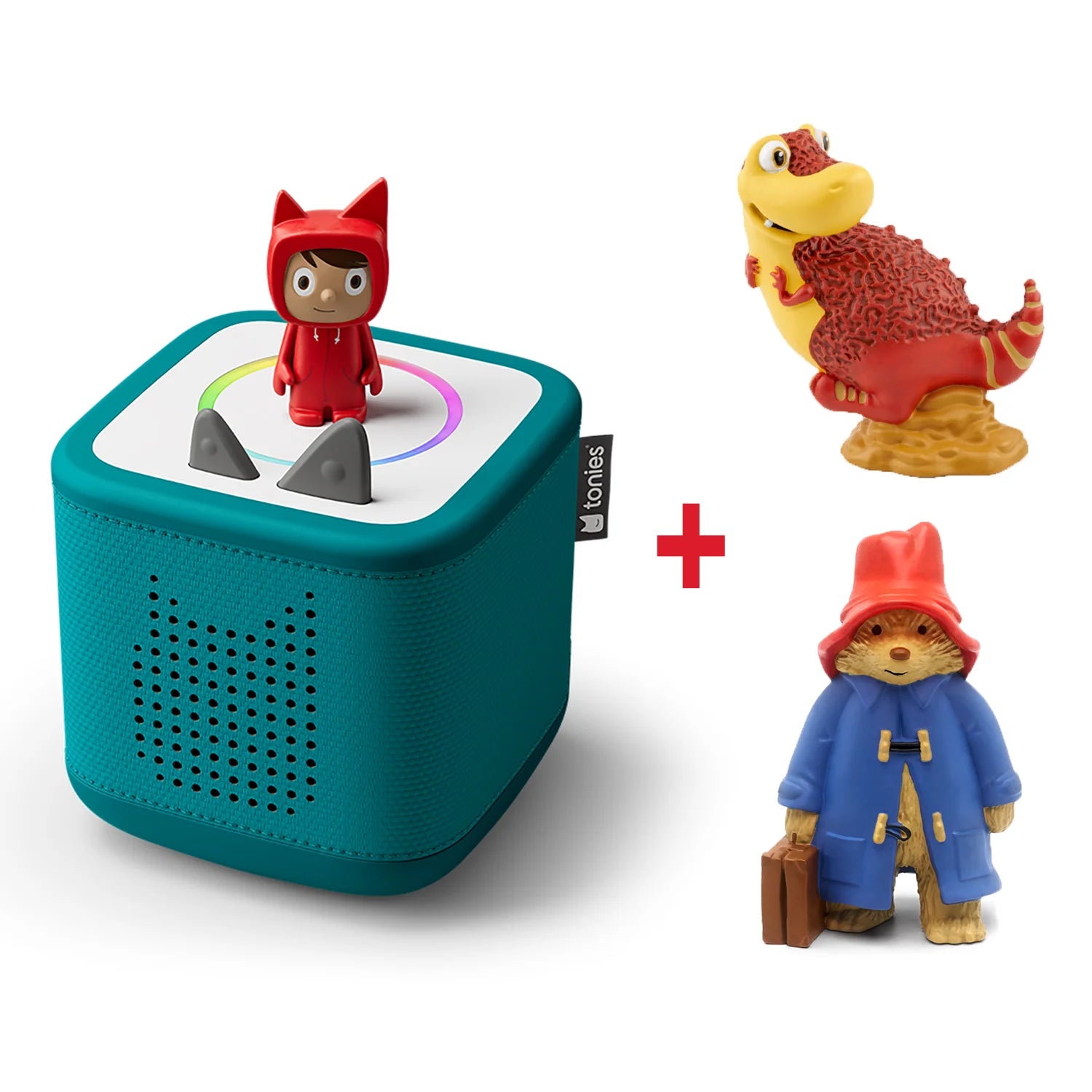 Three Toniebox 2 bundles in tropical teal colours with Tonies figurines.