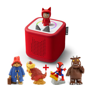 A Sunset Red Toniebox 2 audio player with a red Creative-Tonie on top, surrounded by four Tonie figures: Paddington Bear, a red T-Rex dinosaur, Spider-Man, and the Gruffalo.
