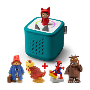 A Tropical Teal Toniebox 2 audio player with a red Creative-Tonie on top, surrounded by four Tonie figures: Paddington Bear, a red T-Rex dinosaur, Spider-Man, and the Gruffalo.