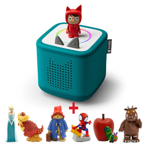 Toniebox 2 starter bundle - create your own 7 tonies in a white background.
