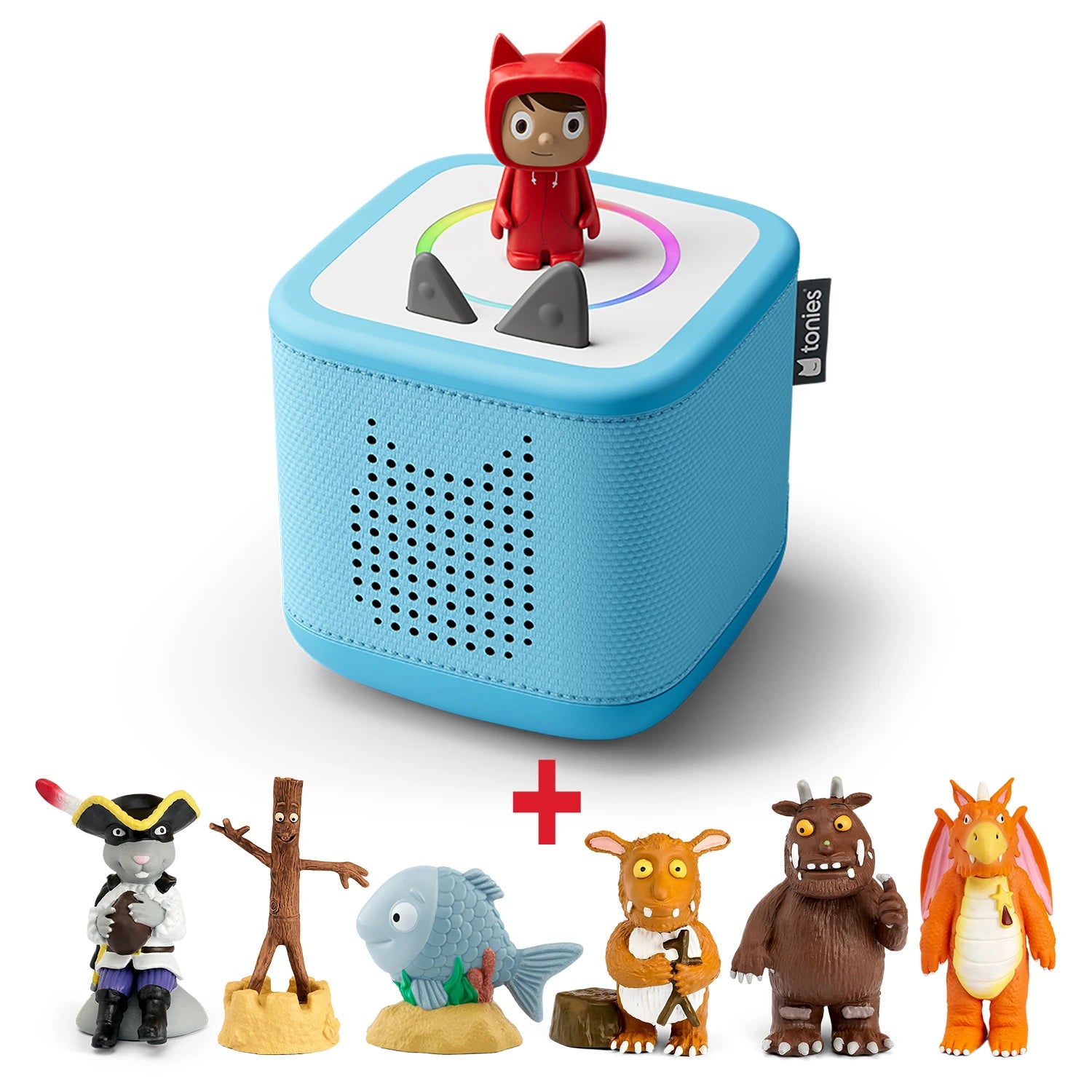 Toniebox 2 Julia Donaldson with 7 Tonies in sky blue colour in a white background.