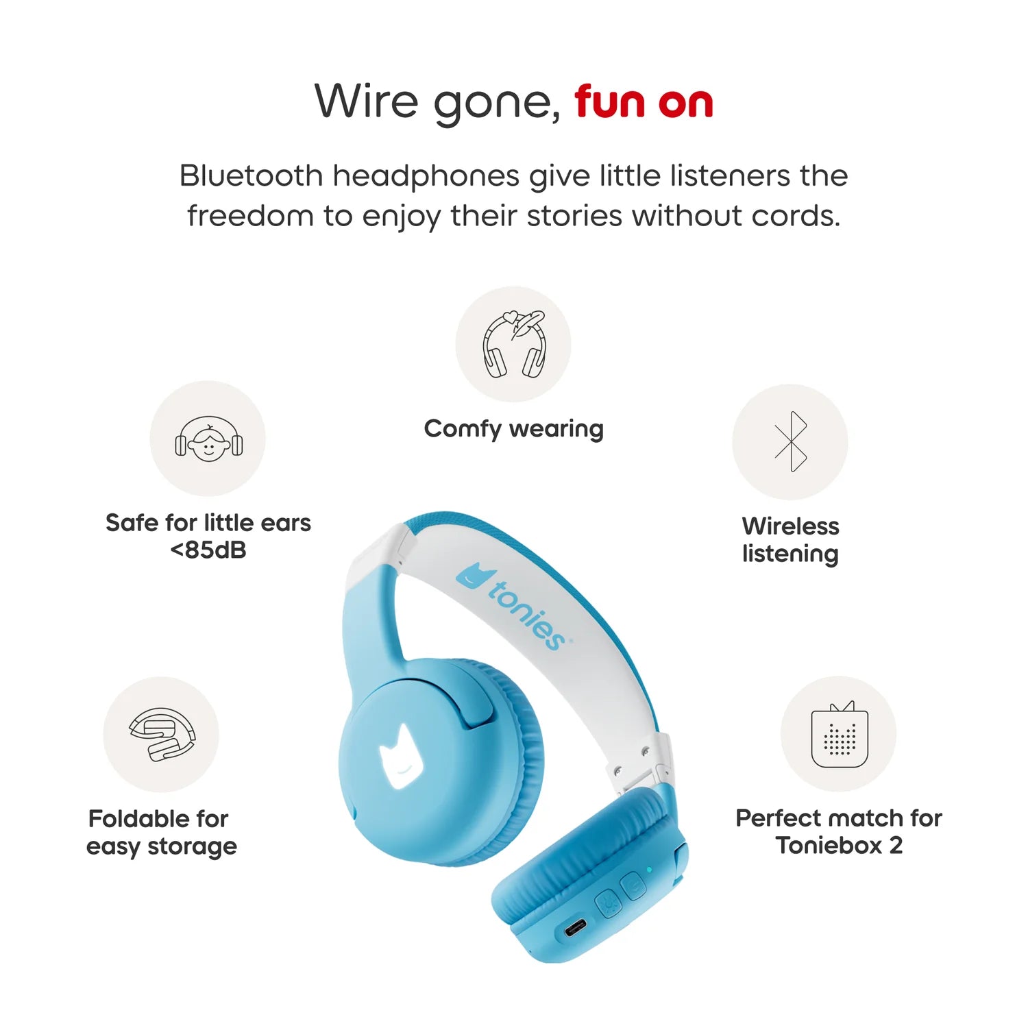 Features of sky blue Toniebox 2 headphone.