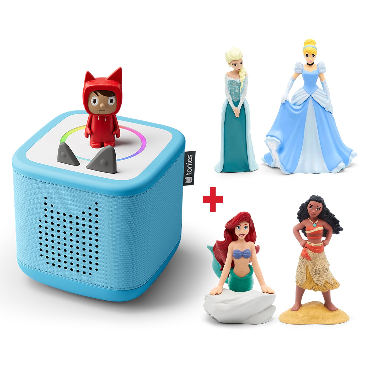 Four Disney princess Tonies next to a sky blue Toniebox.