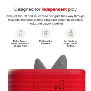 Toniebox in red on a white background, featuring text about independent play and product usage.