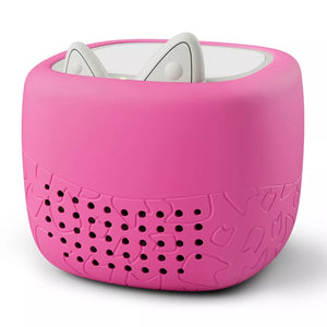 Bright pink Toniebox Lite silicone cover with cute cat ear design, soft protective case for kids audio player