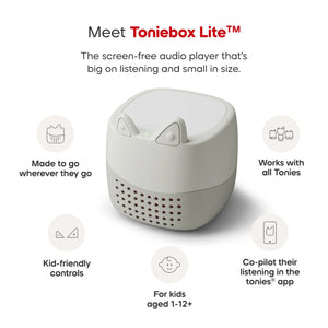 Lightweight grey Toniebox Lite, small portable design perfect for travel and backpacks