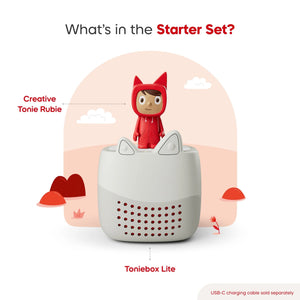 Illustrated overview of everything included in the Toniebox Lite Starter Set – player + Creative Tonie Rubie