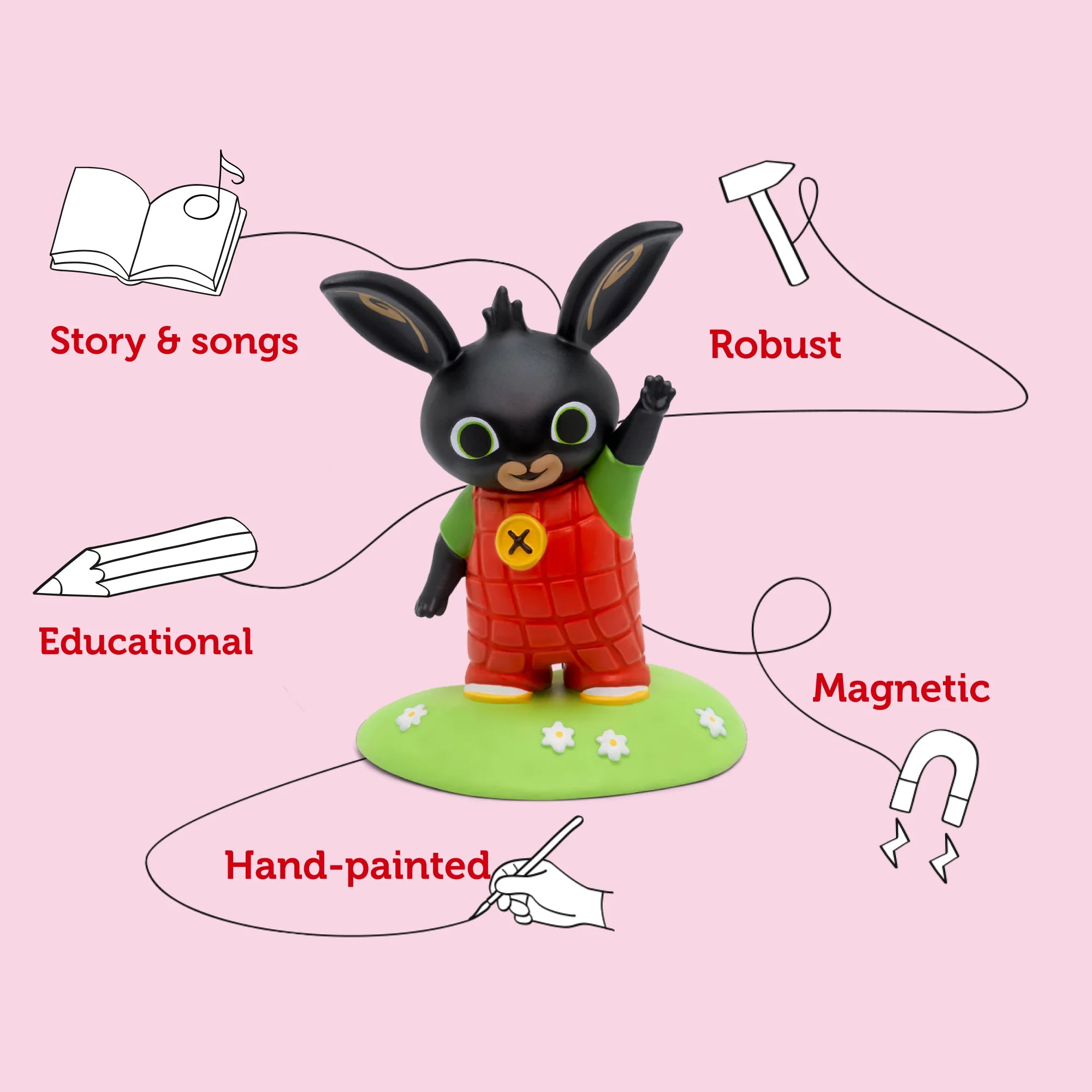 The bing bunny is a educational, hand painted and magnetic tonie.
