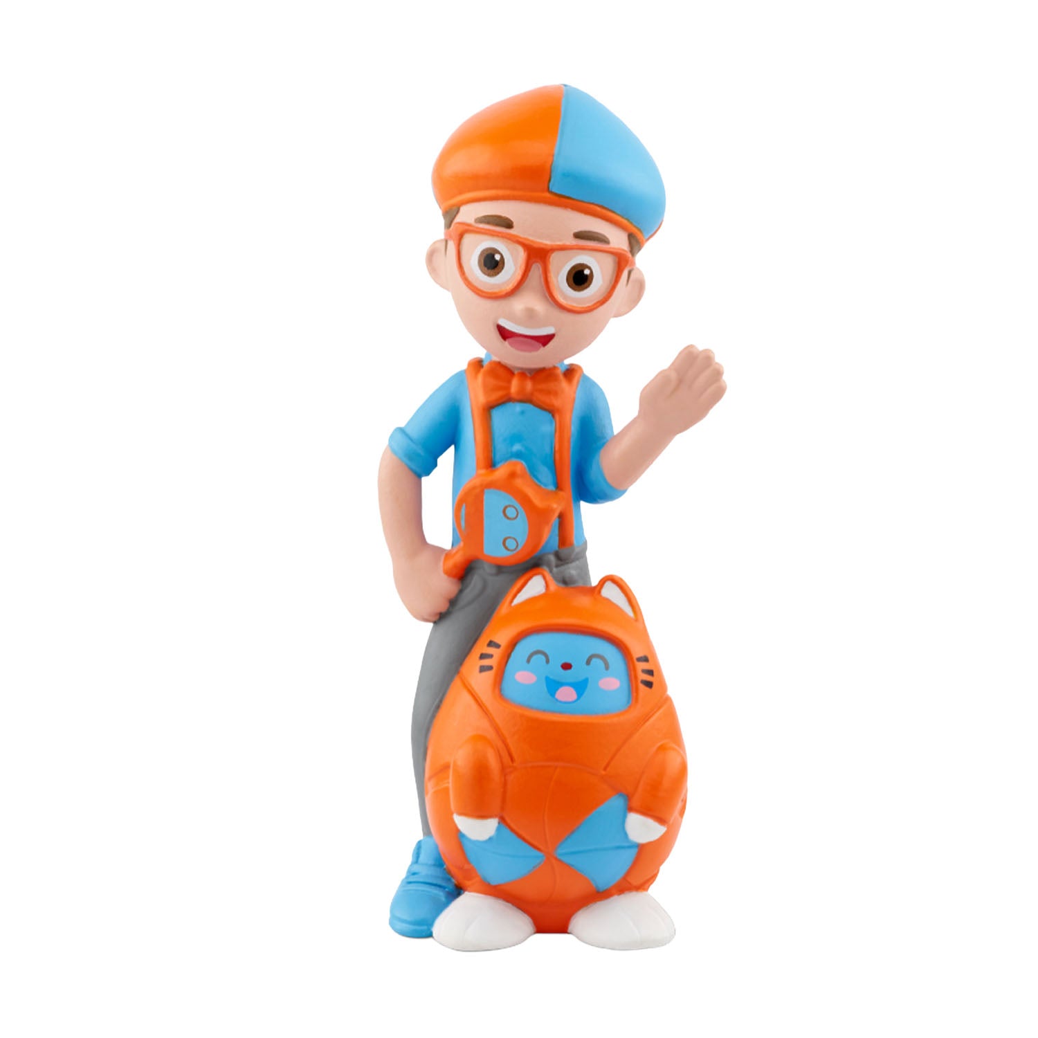 Blippi Tonie in blue overalls and an orange hat, holding an excavator toy with his companion.