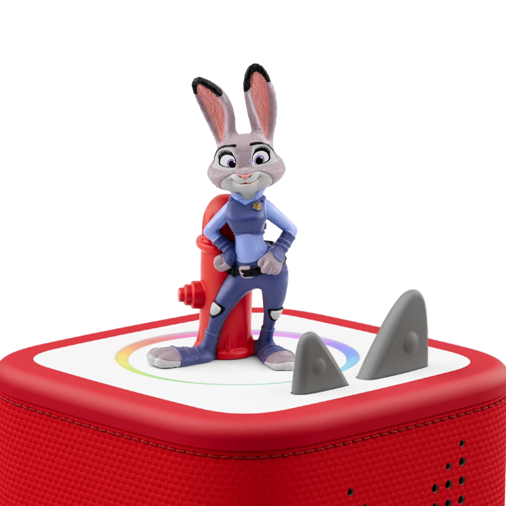 A hand-painted Tonies Disney Zootropolis Classic figure of Judy Hopps in her police uniform, standing on a Toniebox.