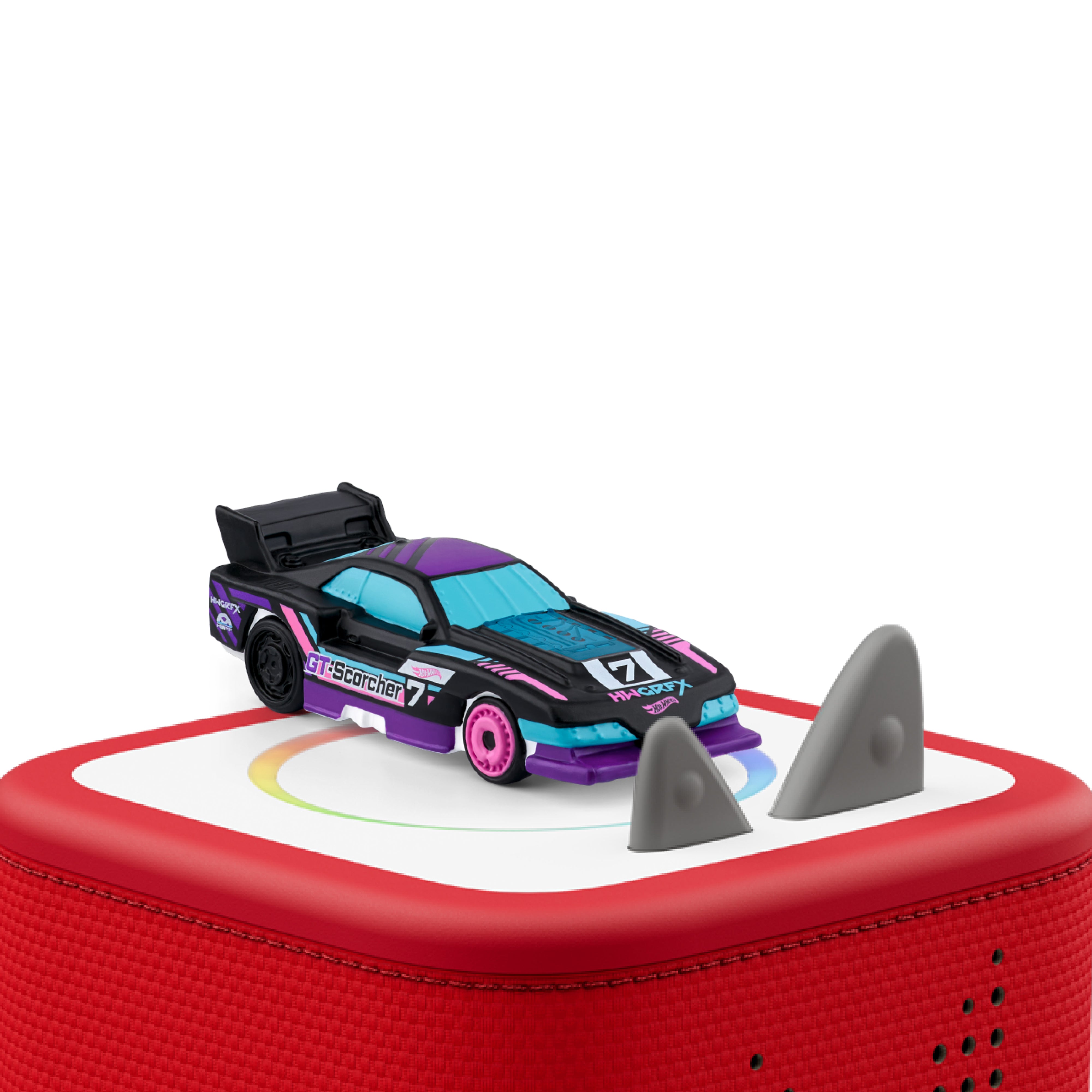 Hot Wheels™ Tonie placed magnetically on top of a Toniebox audio player.