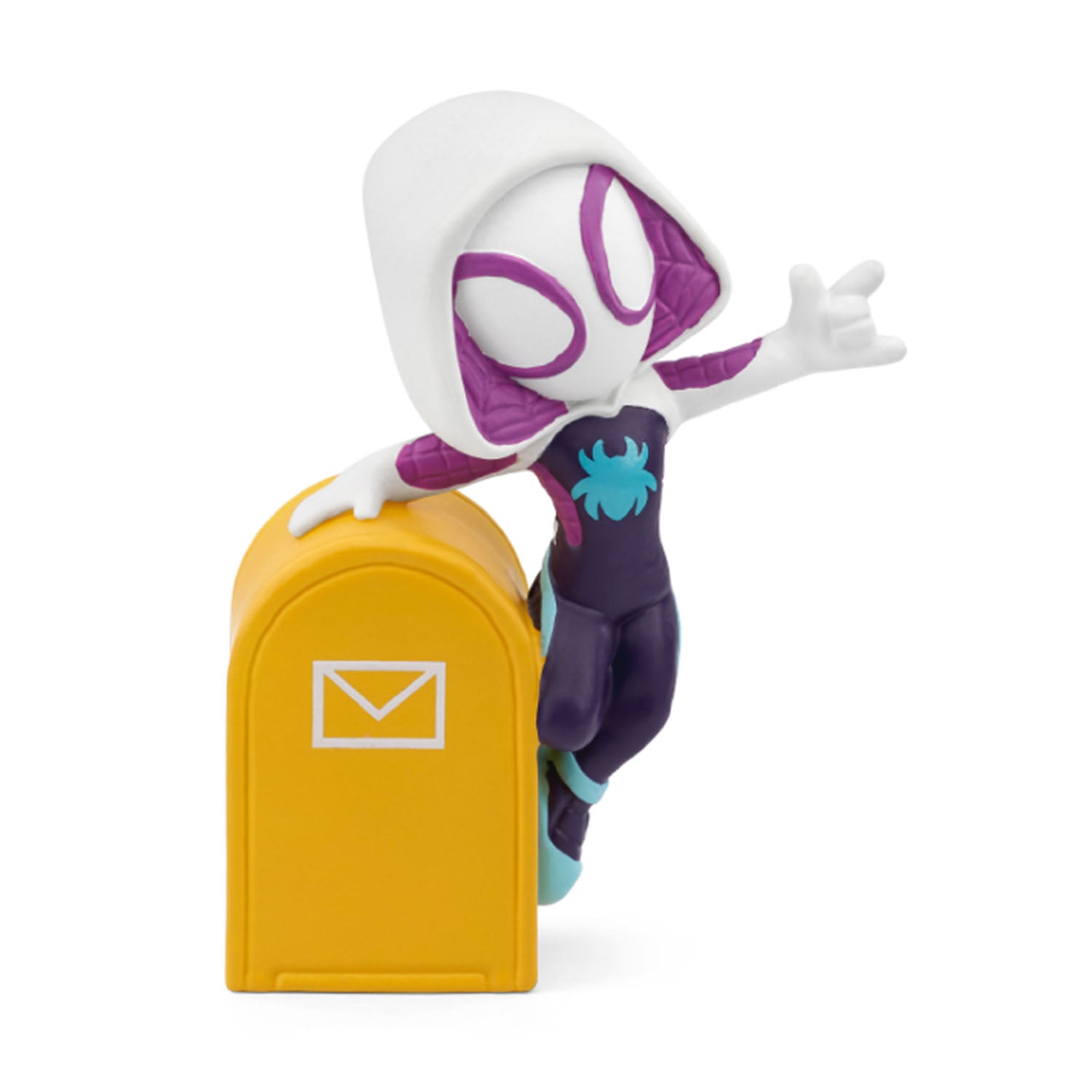 Tonies Marvel Ghost-Spider Tonie figure wearing a white, black, purple and tale superhero suit with a hood.