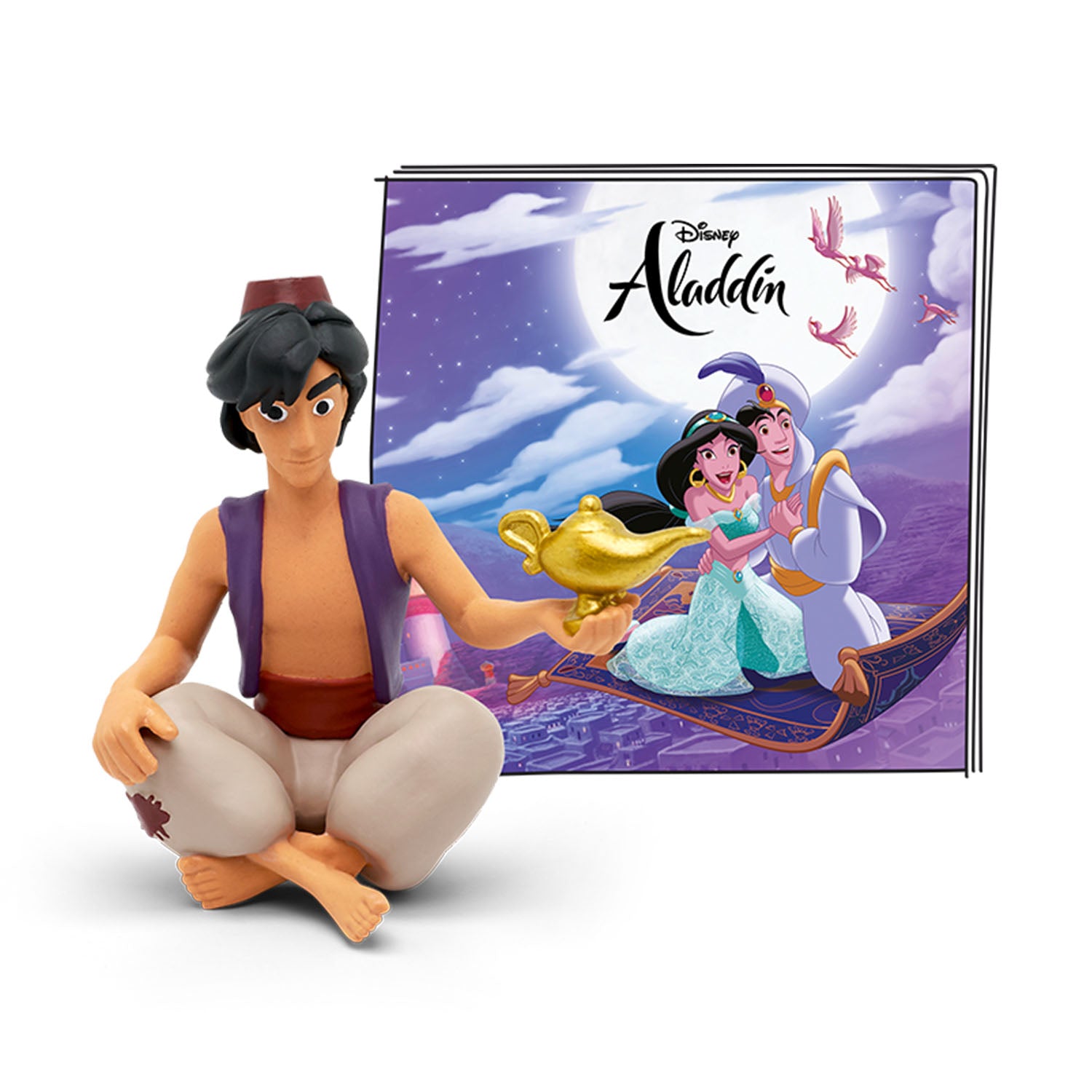 He is holding the famous golden magic lamp in his hand.