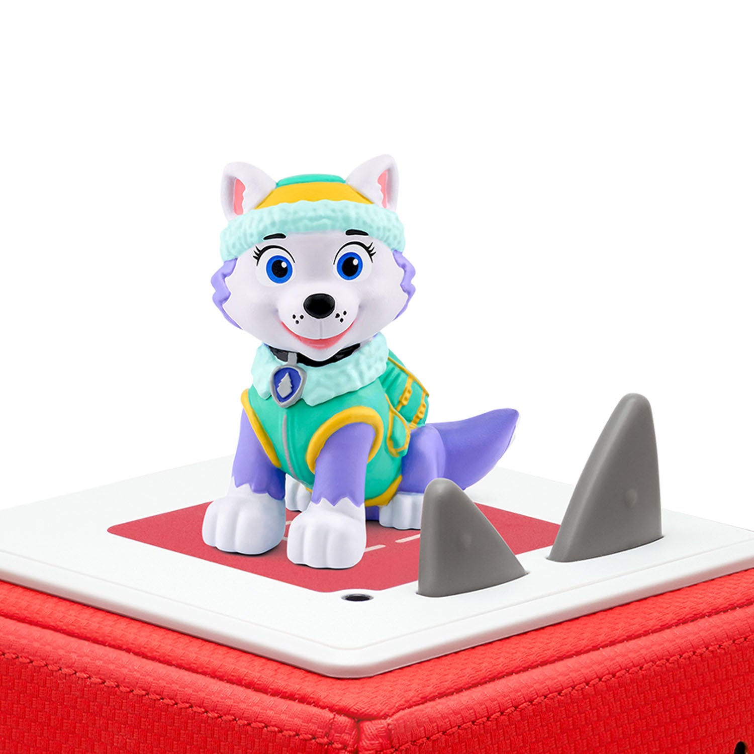 The Everest Tonie figure magnetically standing on top of a Toniebox audio player ready to play stories.