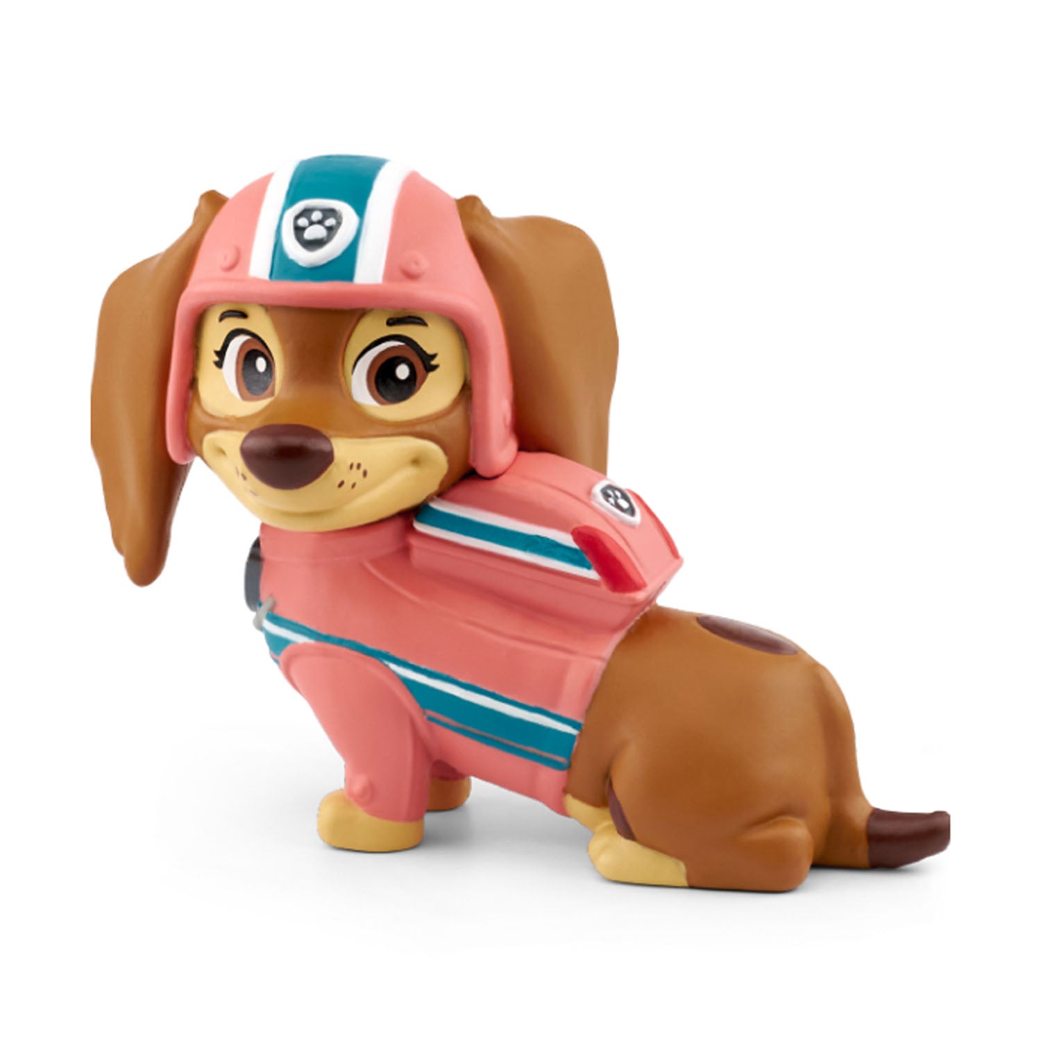 Tonies Paw Patrol Liberty figure wearing her pink and tale uniform.