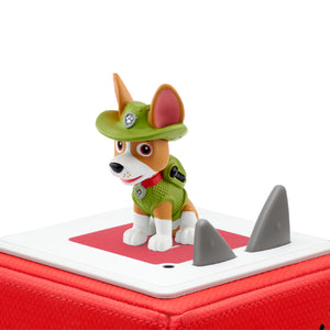 Tracker audio figure placed magnetically on top of a Toniebox player.