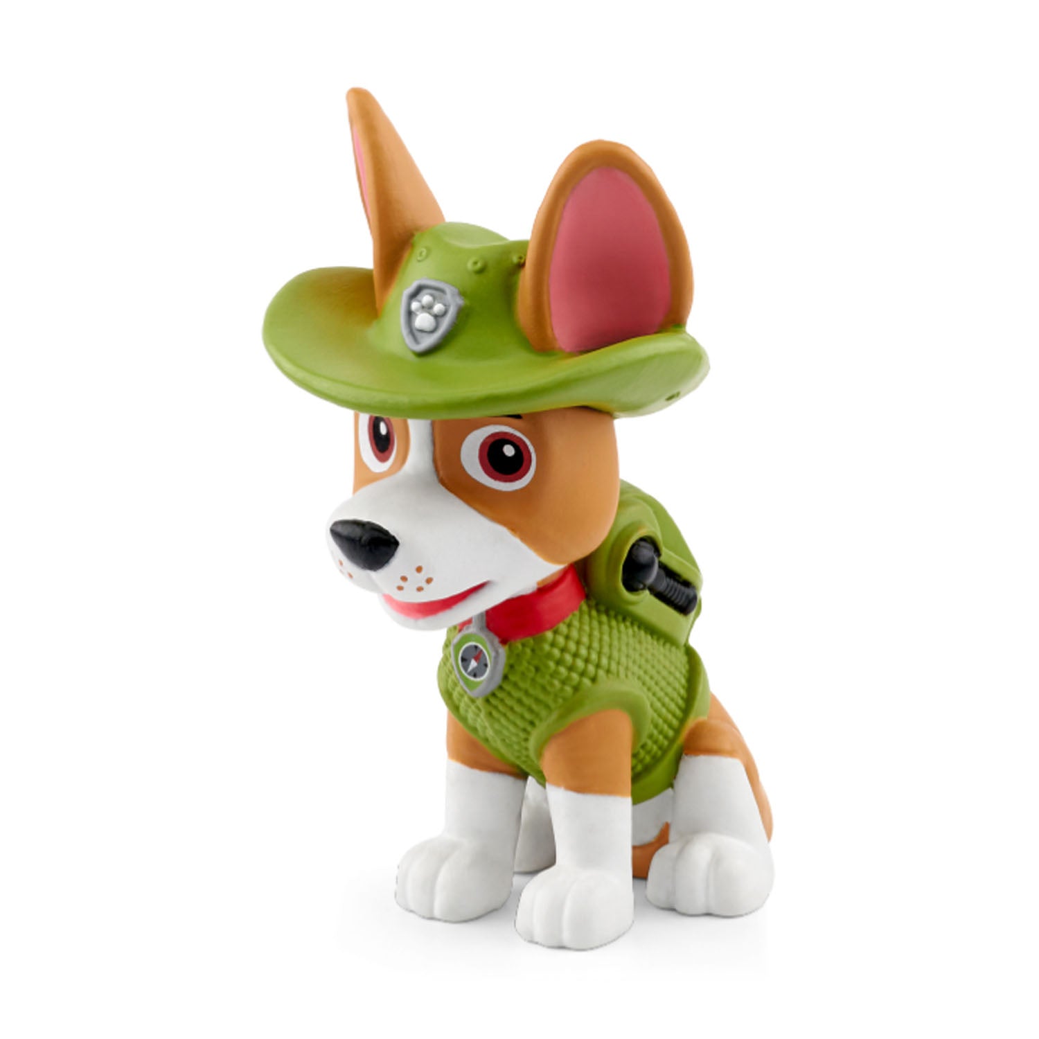 Close-up detail of Tonies Paw Patrol Tracker the pup wearing his signature green hat and vest.