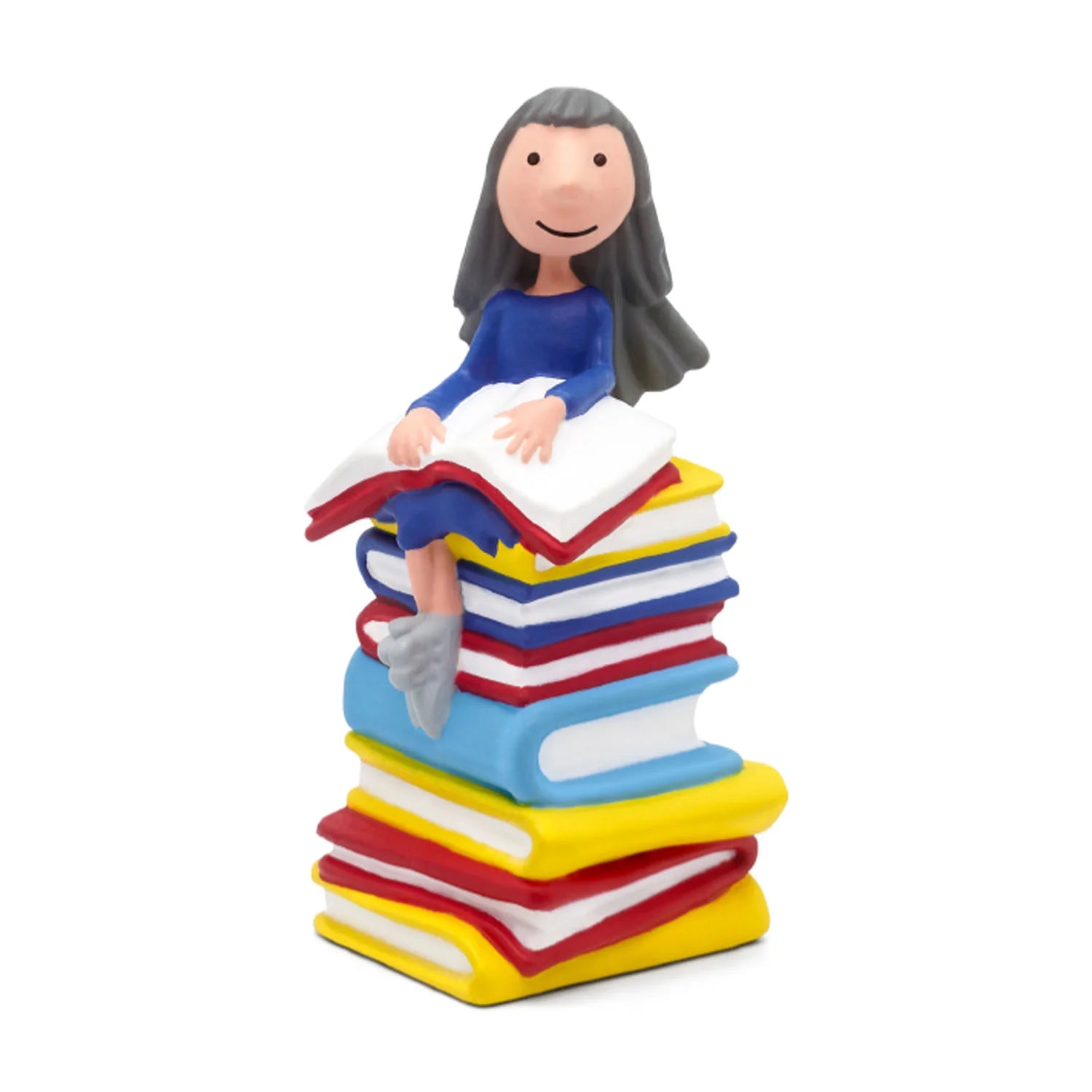 Front view of the Matilda Tonie figure wearing a blue dress and holding a stack of books in her arms.