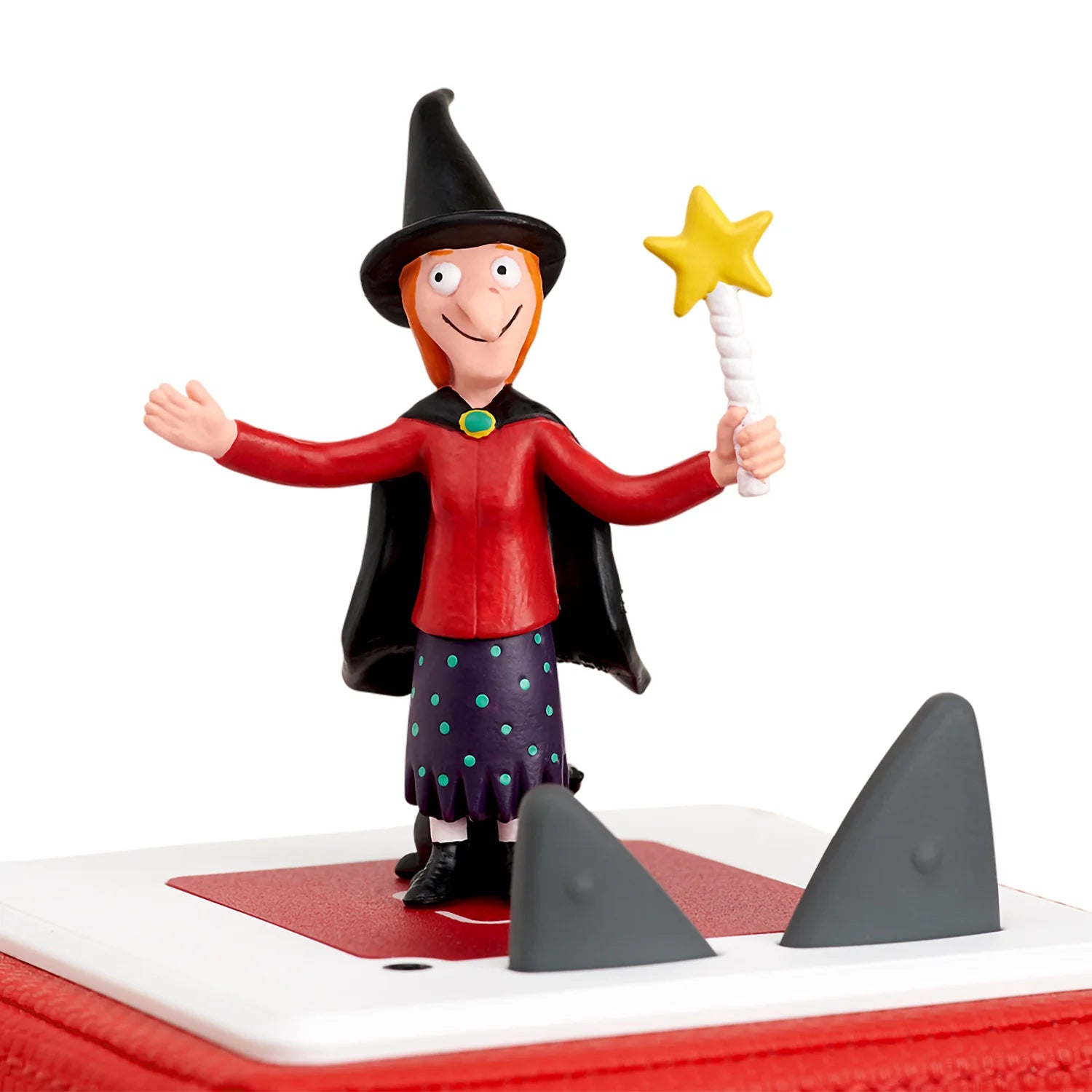 Tonies character for children’s audio story, Room on the Broom witch with cat companion on broom.