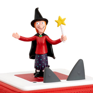 Tonies character for children’s audio story, Room on the Broom witch with cat companion on broom.