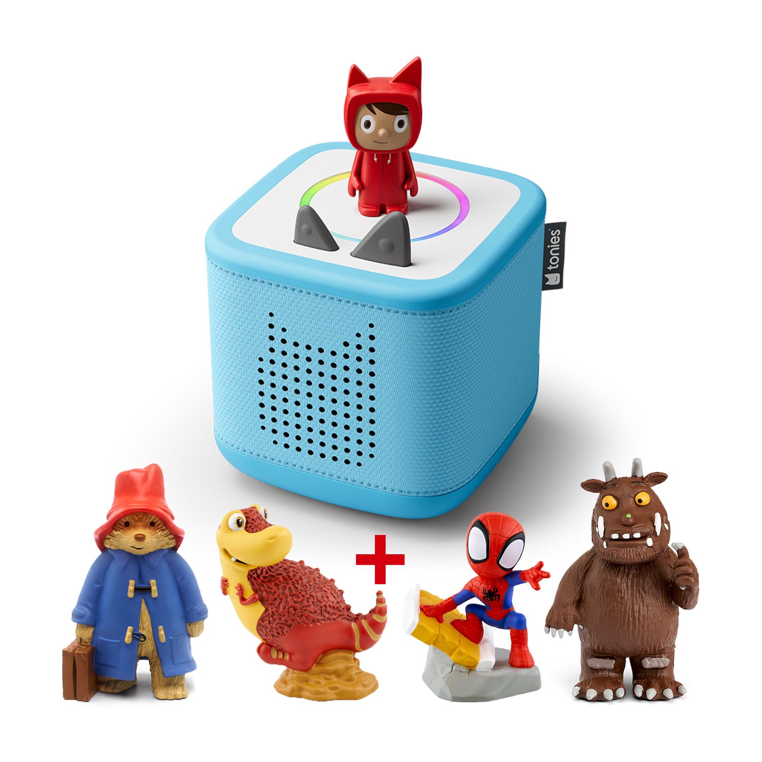 A Sky Blue Toniebox 2 audio player with a red Creative-Tonie on top, surrounded by four Tonie figures: Paddington Bear, a red T-Rex dinosaur, Spider-Man, and the Gruffalo.