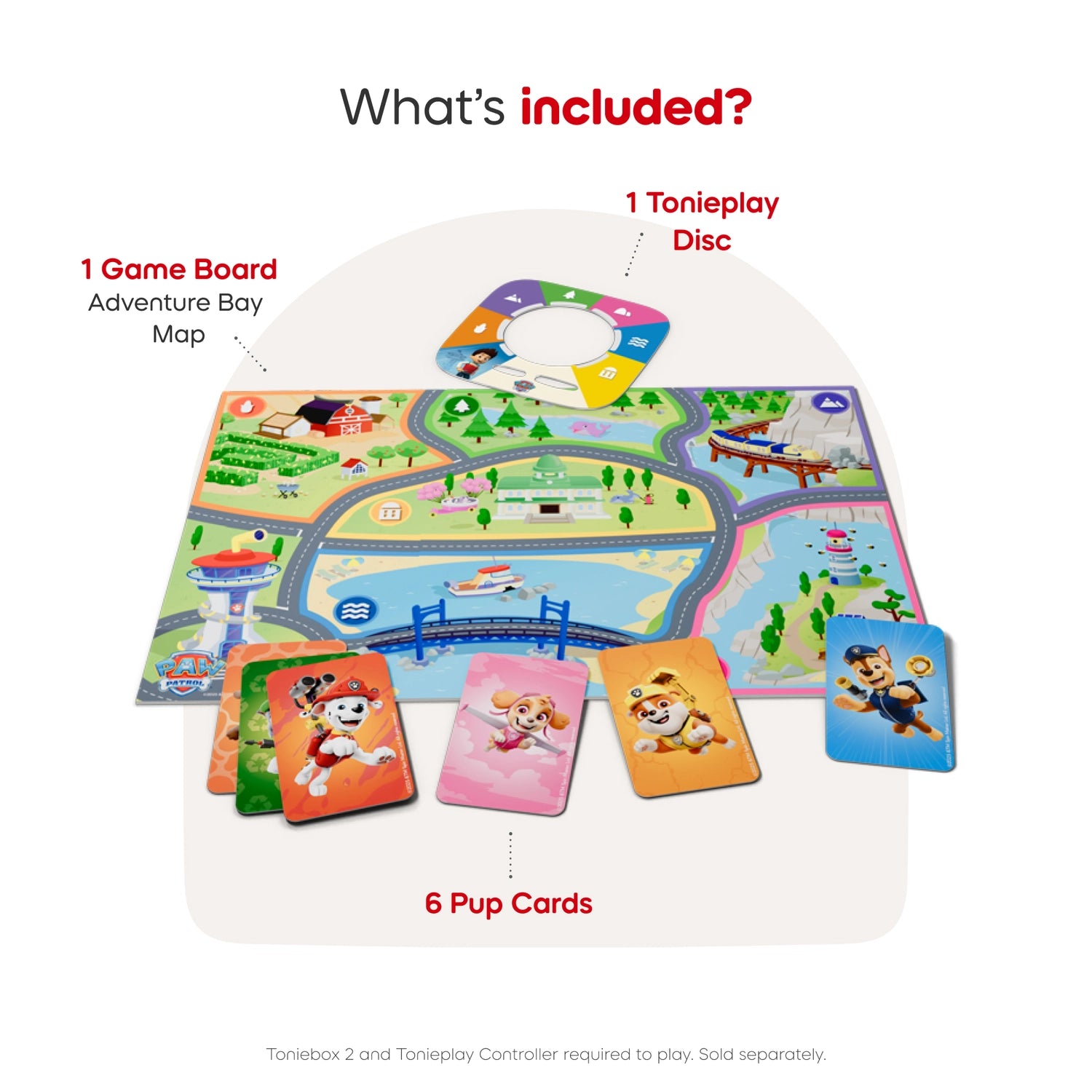 Tonieplay game components – disc, map, and six Pup Cards with NFC tags.