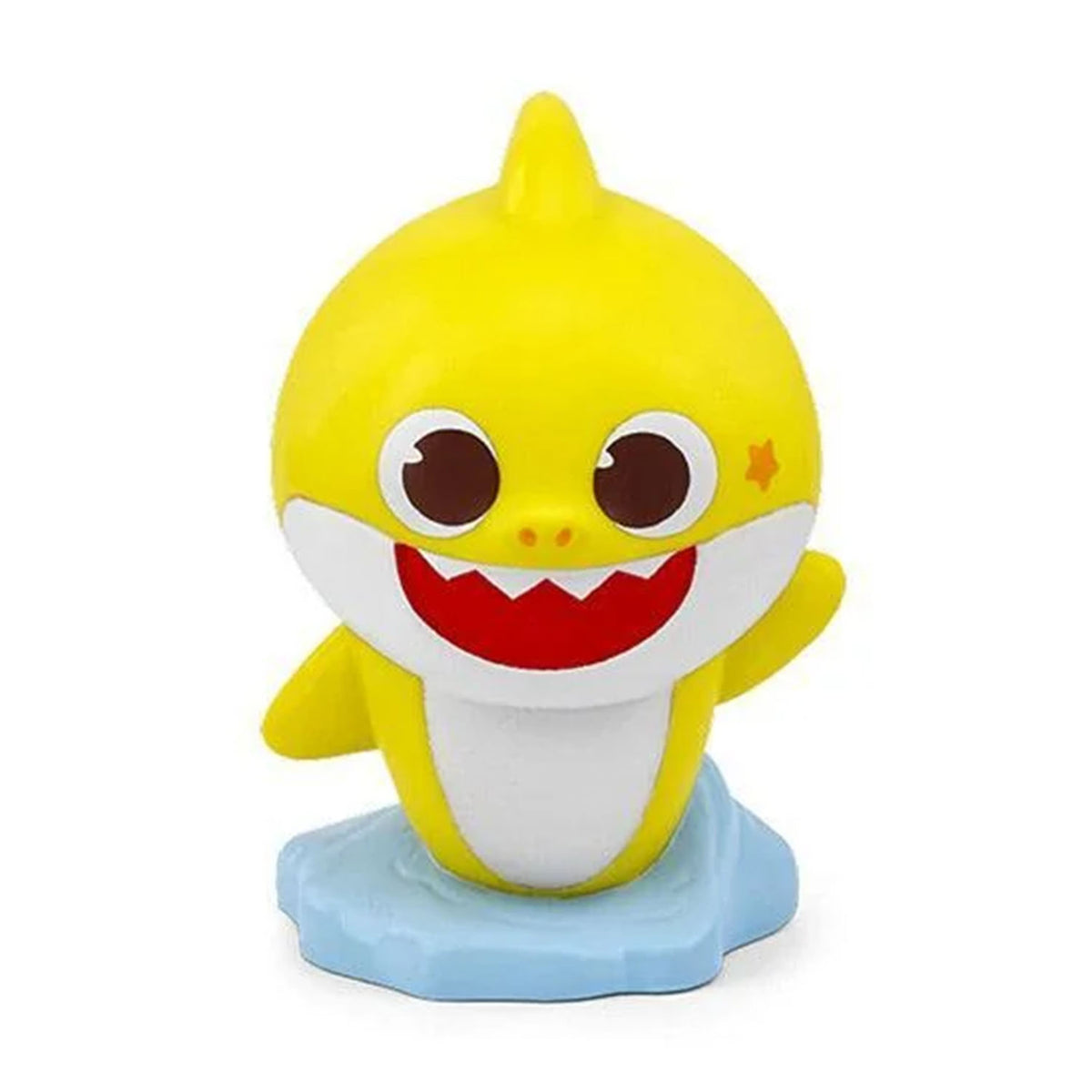 Close-up front view of the hand-painted, yellow Tonies Baby Shark magnetic audio figure standing on a light blue wave base.