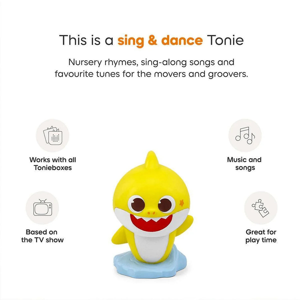Informational graphic for the Tonies Baby Shark sing and dance Tonie, highlighting key features, running time, and required setup icons.