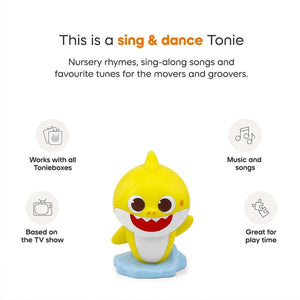 Informational graphic for the Tonies Baby Shark sing and dance Tonie, highlighting key features, running time, and required setup icons.