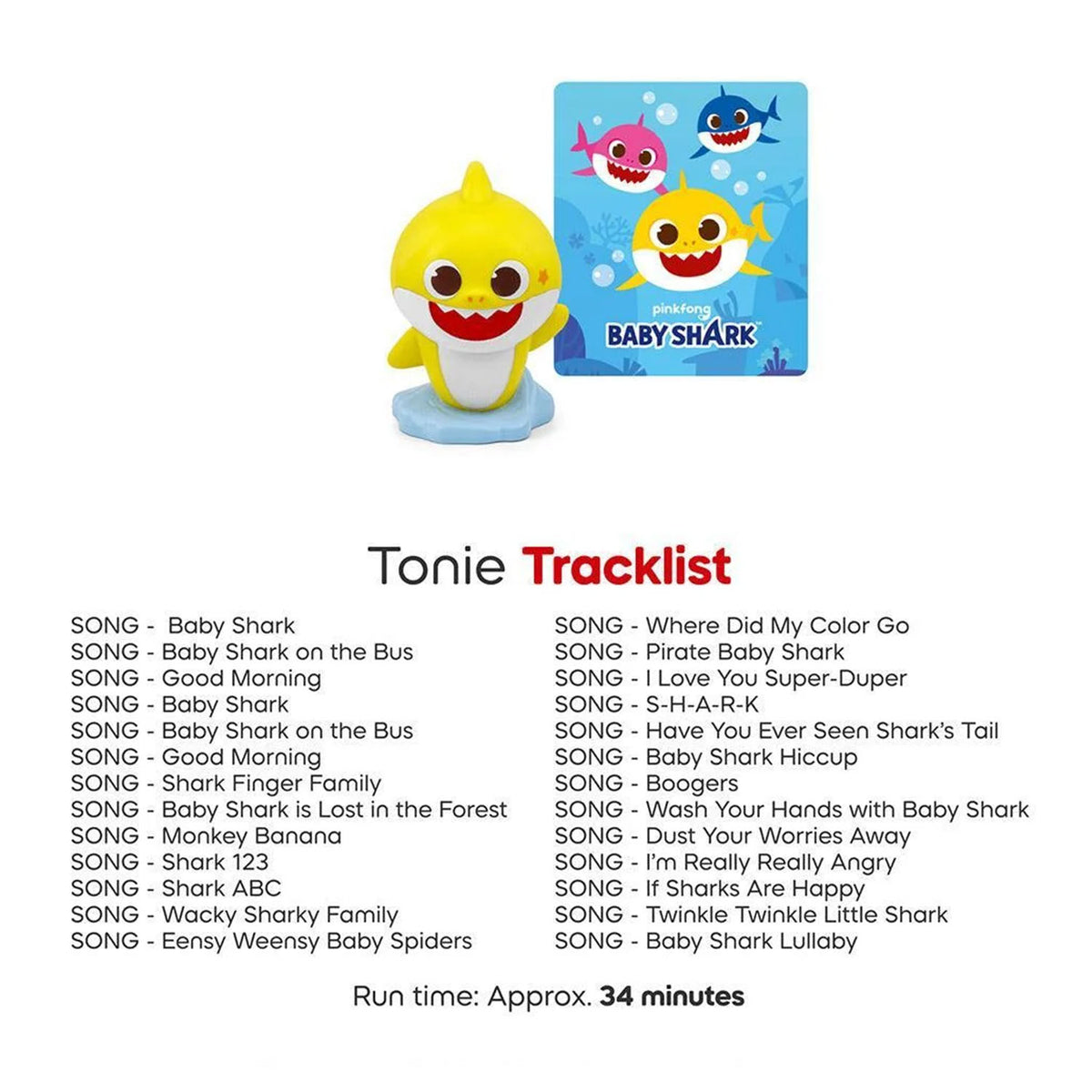 Tonies Baby Shark figure displayed next to its blue square packaging box and a detailed tracklist graphic featuring the included songs.