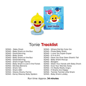 Tonies Baby Shark figure displayed next to its blue square packaging box and a detailed tracklist graphic featuring the included songs.