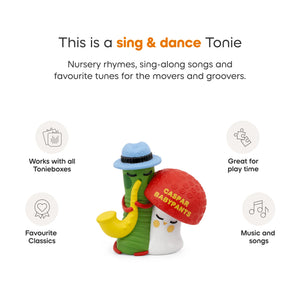 Infographic highlighting the features of the Caspar Babypants Tonie, describing it as a sing and dance Tonie for active playtime.