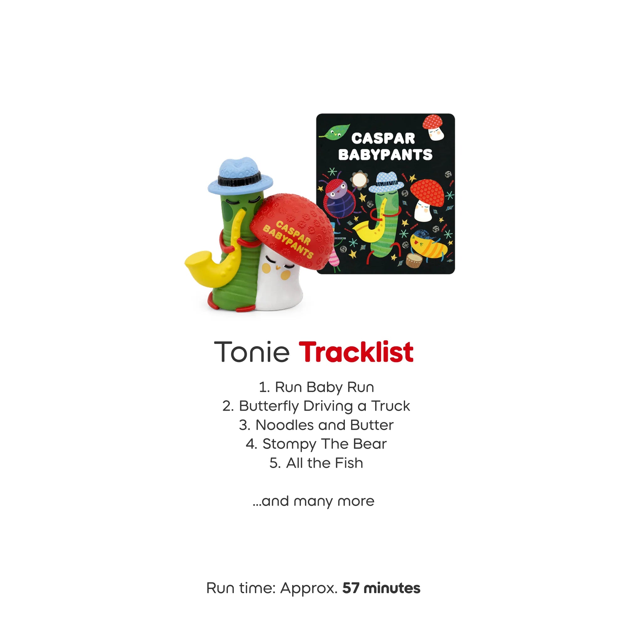 Tracklist graphic for the Tonies Caspar Babypants figure, showing the list of acoustic-based tunes included, such as Run Baby Run and Stompy The Bear.